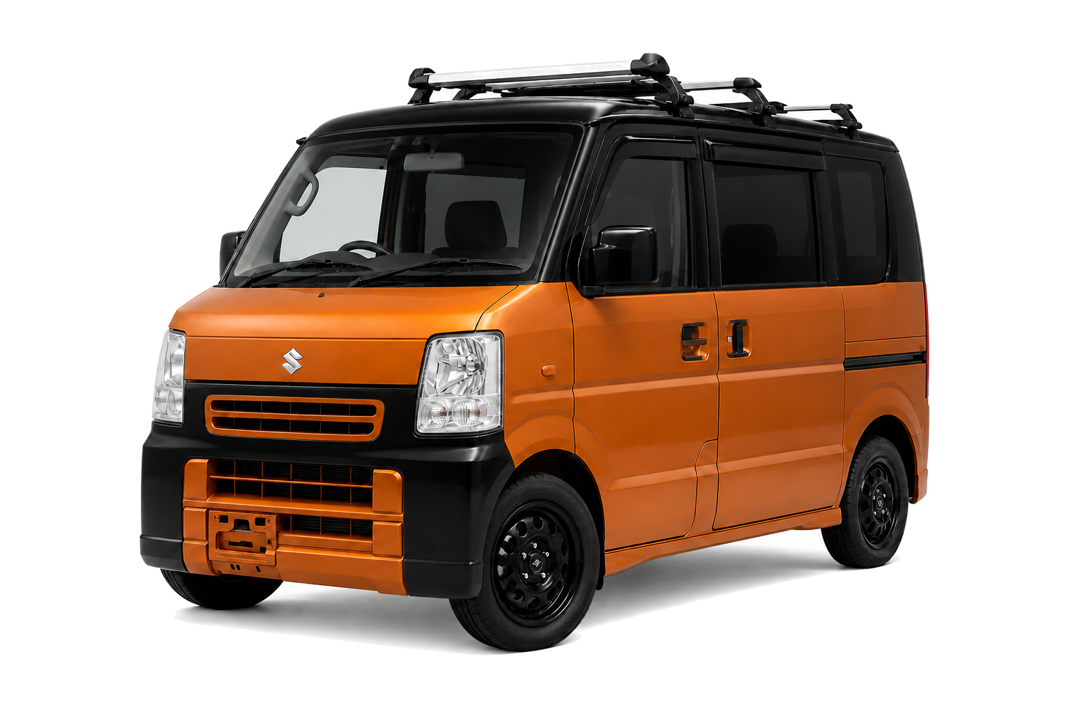 Orange and black Suzuki DA64V in a white studio